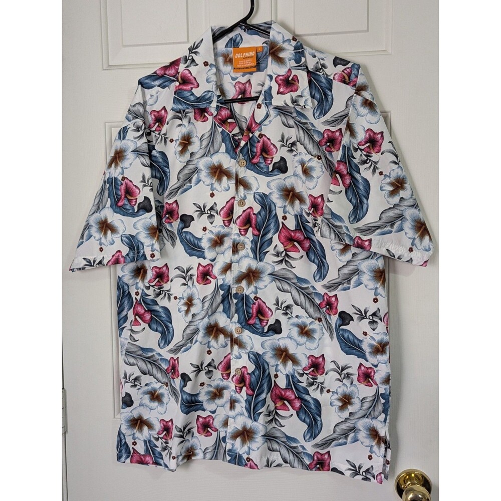 VTG Dolphino Hawaiian Shirt Mens Large White Floral Resort Tropical Beach 90s